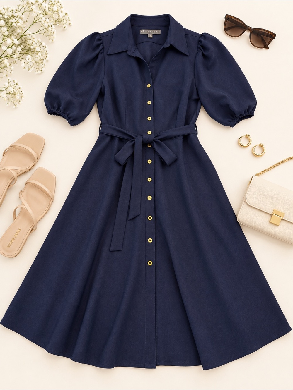 Sharagano Navy Blue Button Front Midi Shirt Dress Size 12 Belted Puff Sleeve